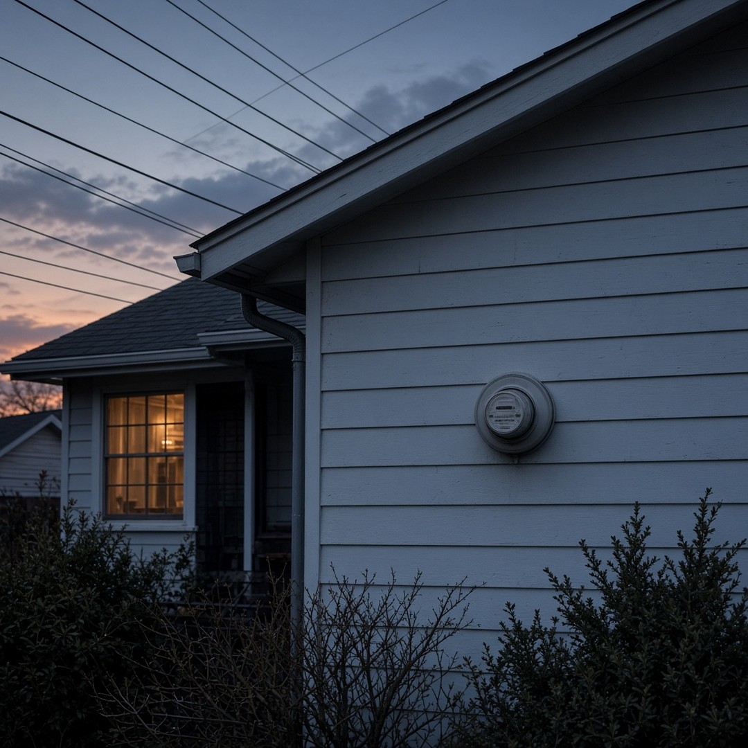 A house at dusk with an electric meter on the siding and power lines overhead