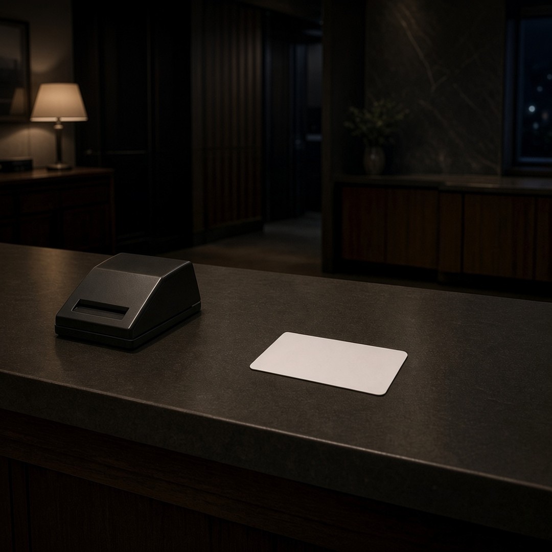 A card scanner and a blank card on a dark reception counter