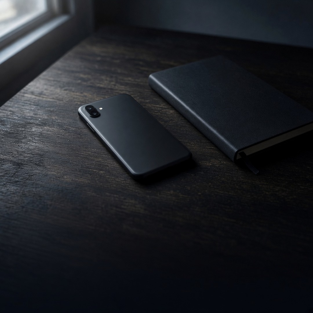 A face-down phone and a closed notebook on a dark desk