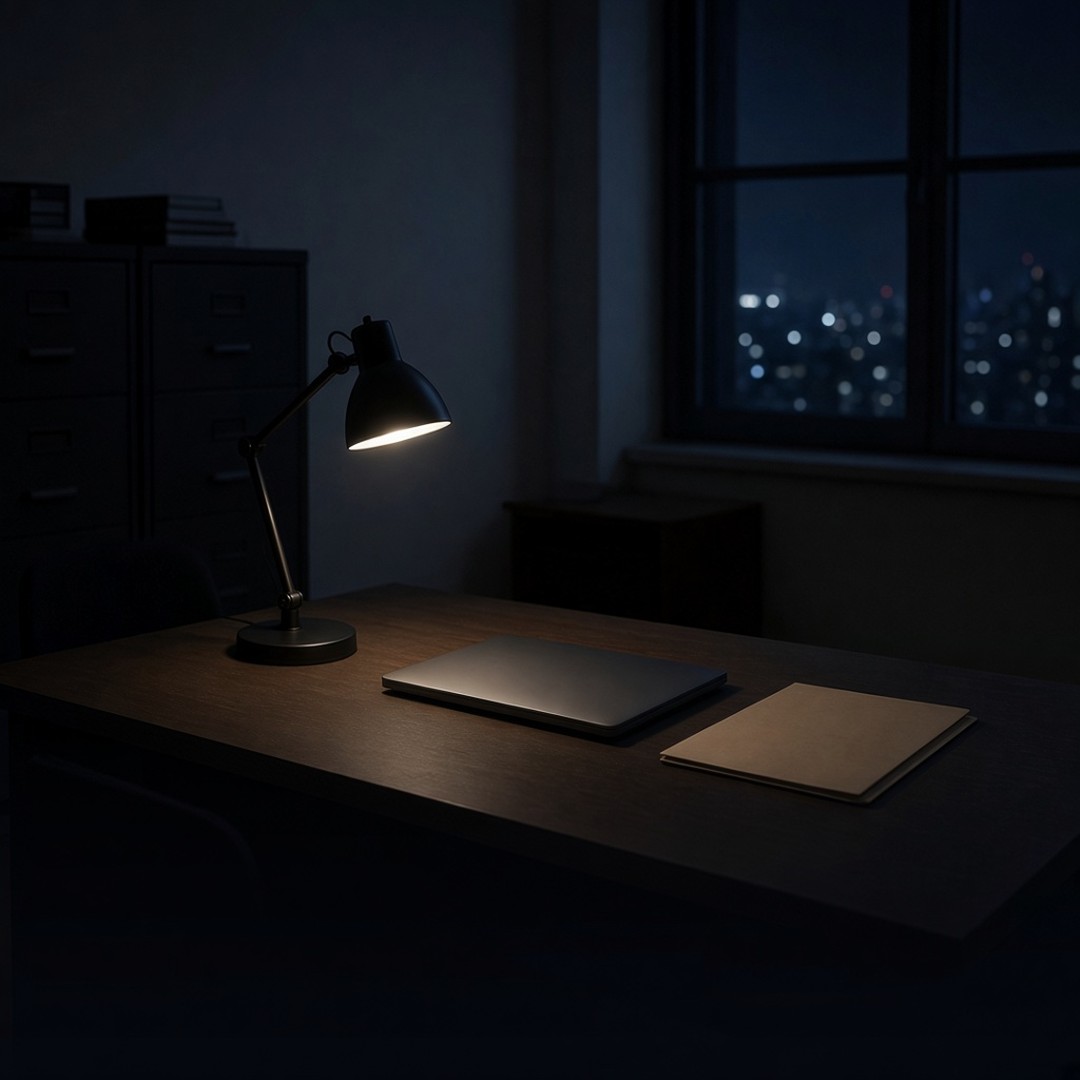 A desk lamp, a closed laptop, and a folder in a dark office at night