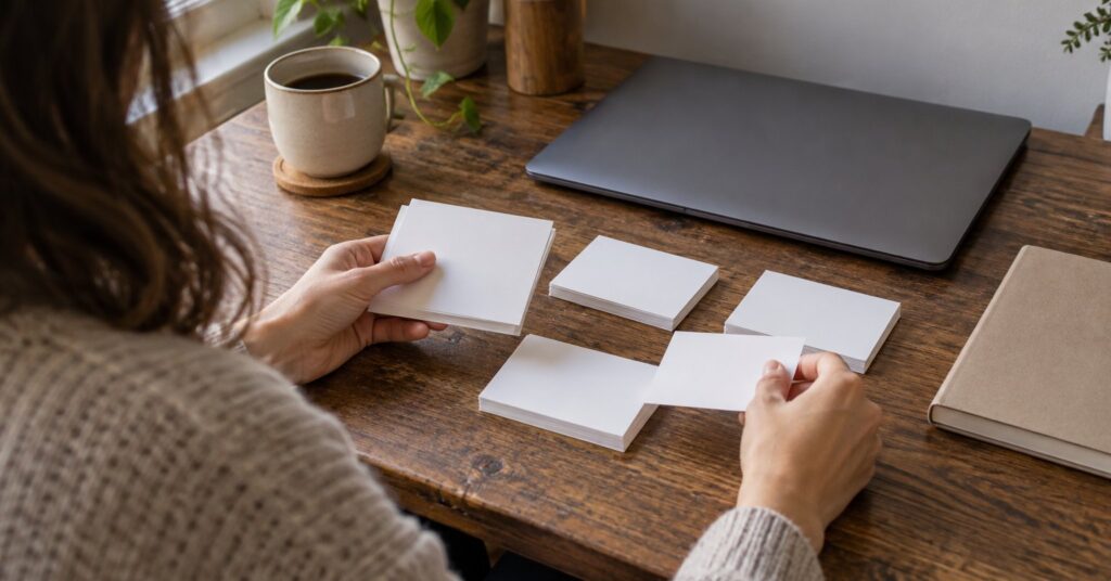 Hands arranging blank index cards beside a closed laptop and plain notebook on a home desk.