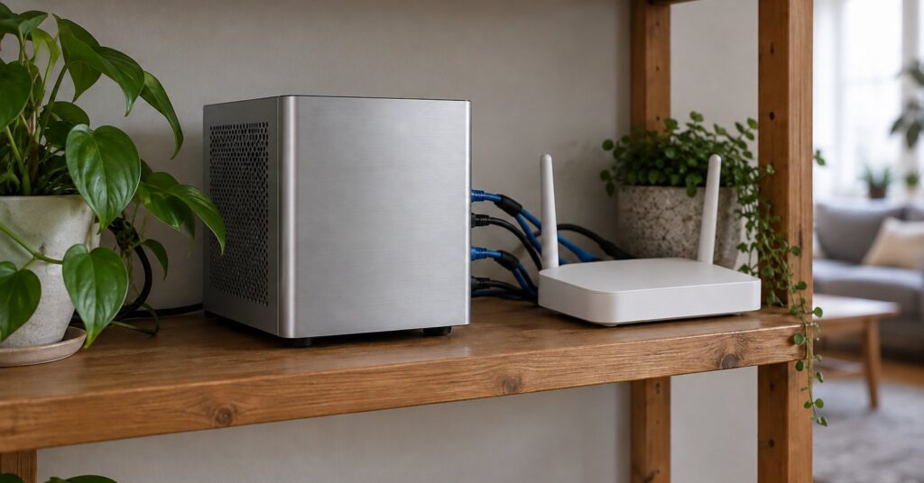 Small home server beside a router with neatly connected network cables on a shelf