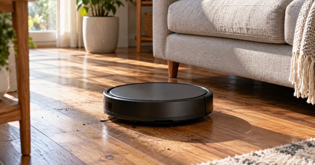 An unbranded robot vacuum cleaning a sunlit living room beside a sofa.
