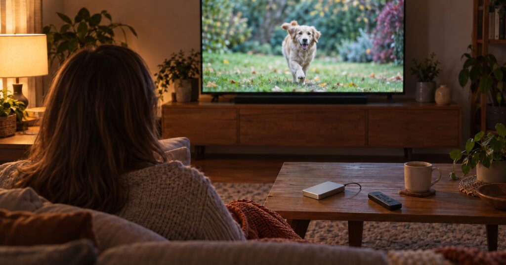 A person watches a home movie on a television, with a hard drive and remote nearby.