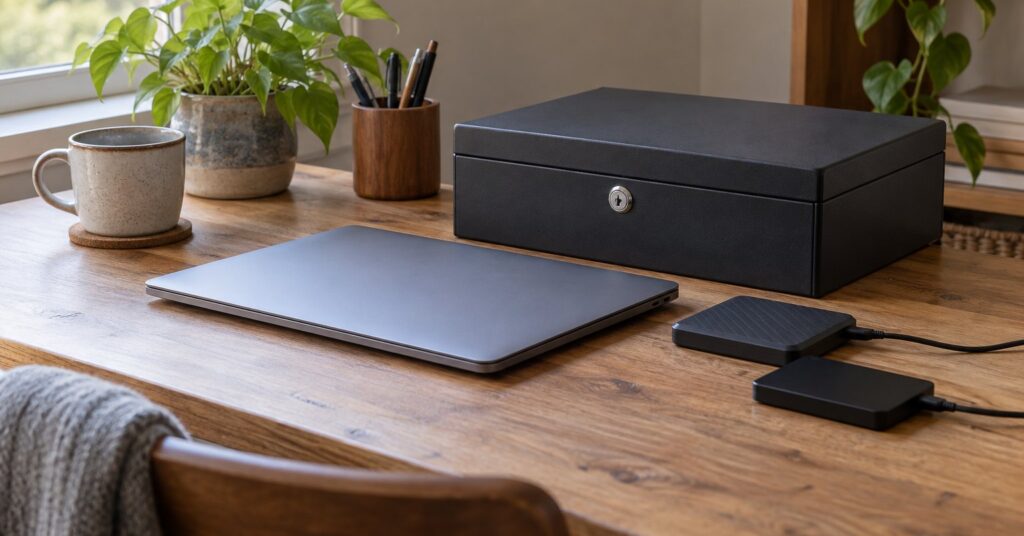 A closed laptop, two portable backup drives and a locked document box on a home desk.