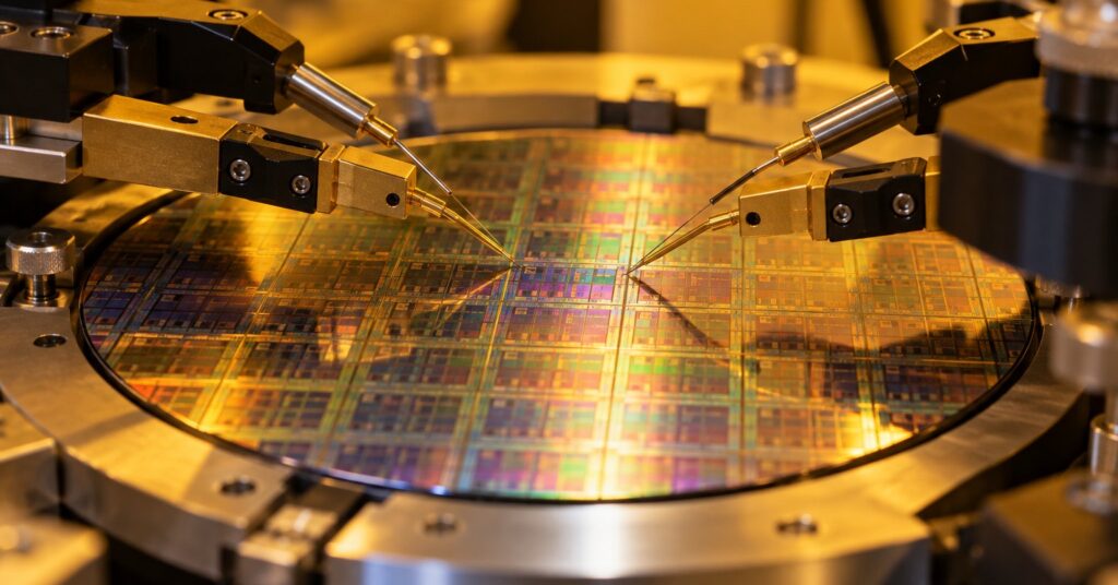 A silicon wafer under the needles of a semiconductor test probe station
