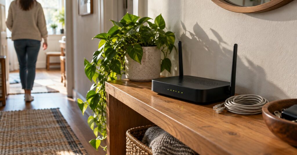 An unbranded home router with small lights sits on a hallway shelf in morning light.