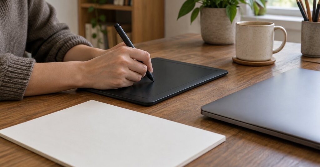 Hand holding a stylus over a drawing tablet beside blank paper and a closed laptop