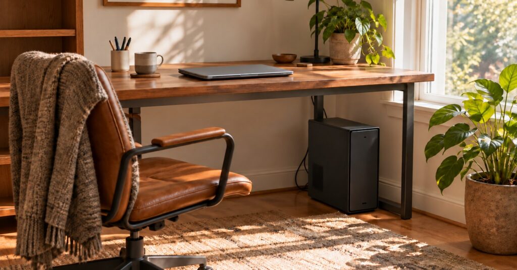 A home office with a desktop tower, a closed laptop, and a houseplant.