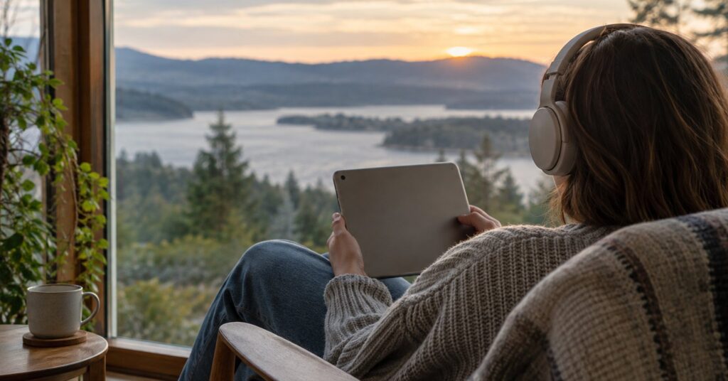 A person wearing headphones beside a window, holding a tablet with its screen facing away