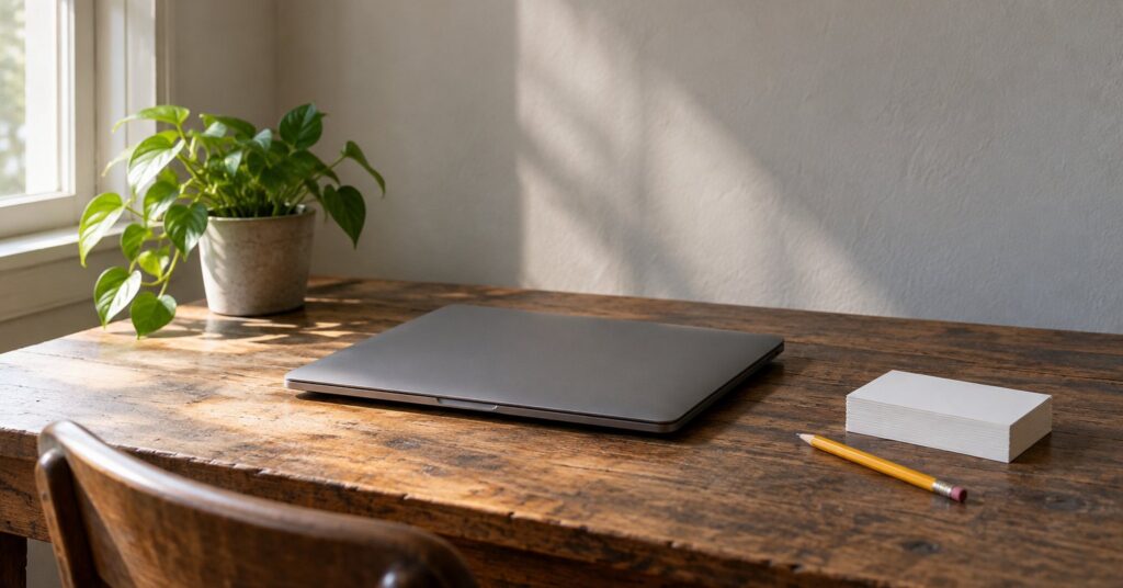 A closed laptop, blank index cards and a pencil on a quiet desk beside a window.