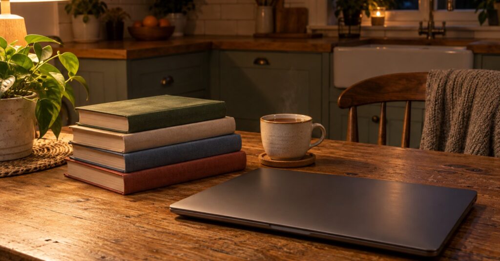 A closed laptop, library books, and a cup of tea on a table at night.