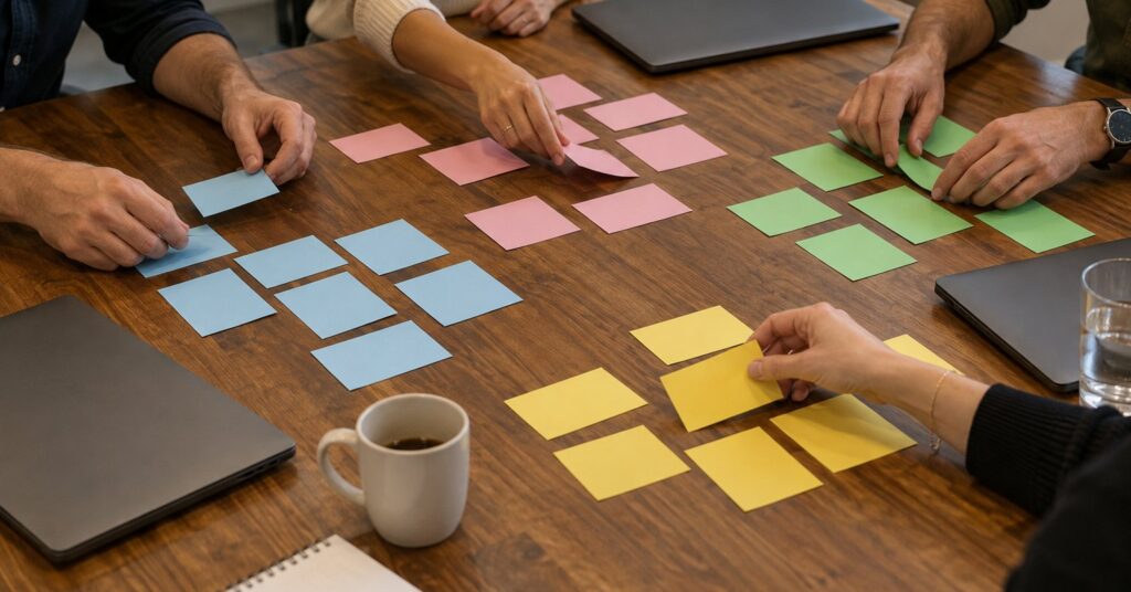 Four people sorting blank colored cards into groups around a meeting table with closed laptops.